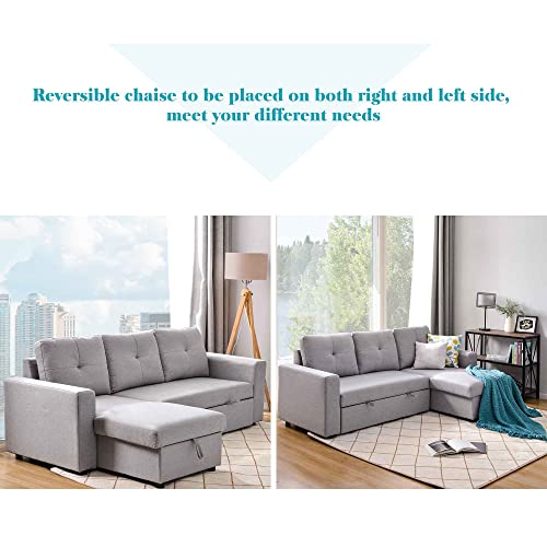 ATY Sectional Sofa with Pull Out Bed, Reversible L-Shape Sleeper Couch with Storage and Chaise, Save Space for Living Room Office, Light Grey