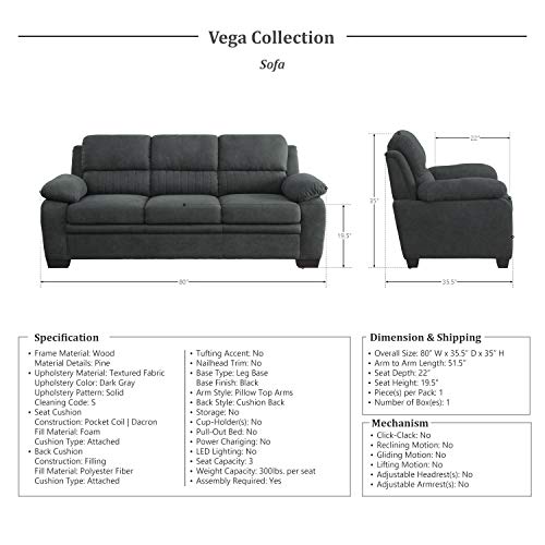 Lexicon Vega 2-Piece Living Room Set, Dark Gray