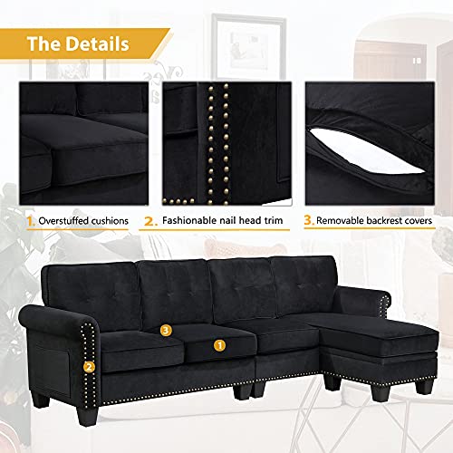 LUMISOL Velvet Sofa Couch with Rolled Arm L-Shaped Convertible Sectional Sofa with Ottoman and Nailhead Trim,Black