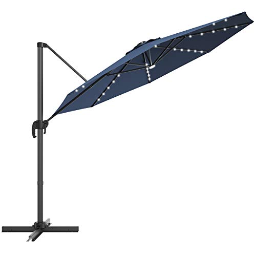 SPSUPE 10 FT Patio Cantilever Umbrella, Solar Powered LED with Center Light, Crank Handle, Aluminum Outdoor Offset Umbrella for Garden Backyard Pool Beach (Navy blue)