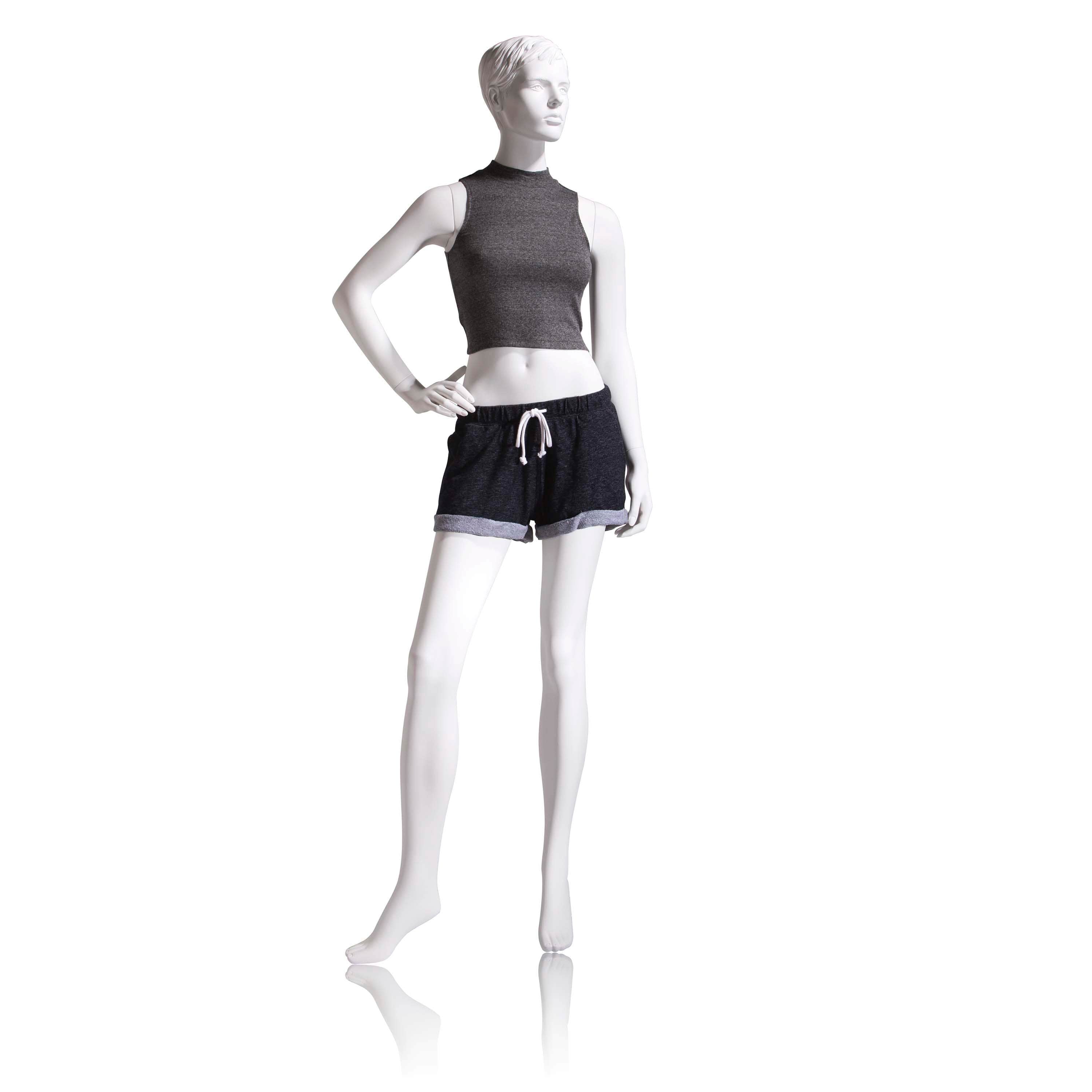 Econoco Female Mannequin - Molded Hair, Right Hand on Hip, Right Leg to Side