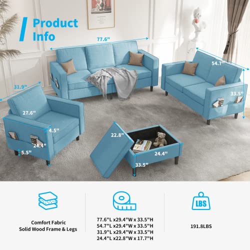 Mjkone Convertible Sectional Sofa Couch with Storage Ottoman, 4 Pcs Couch Set with Storage Pockets, Sectional Couches for Living Room, 3-Seater +Ottoman +1-Loveseat +1-Seater(Light Blue)