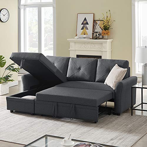 Harper & Bright Designs Sectional Sofa Couch, Modern Linen Fabric L-Shaped Couch with Storage, 3-Seater Sectional Sofa Bed with Reversible Chaise for Living Room, Apartment, Dorm, Studio (Dark Gray)