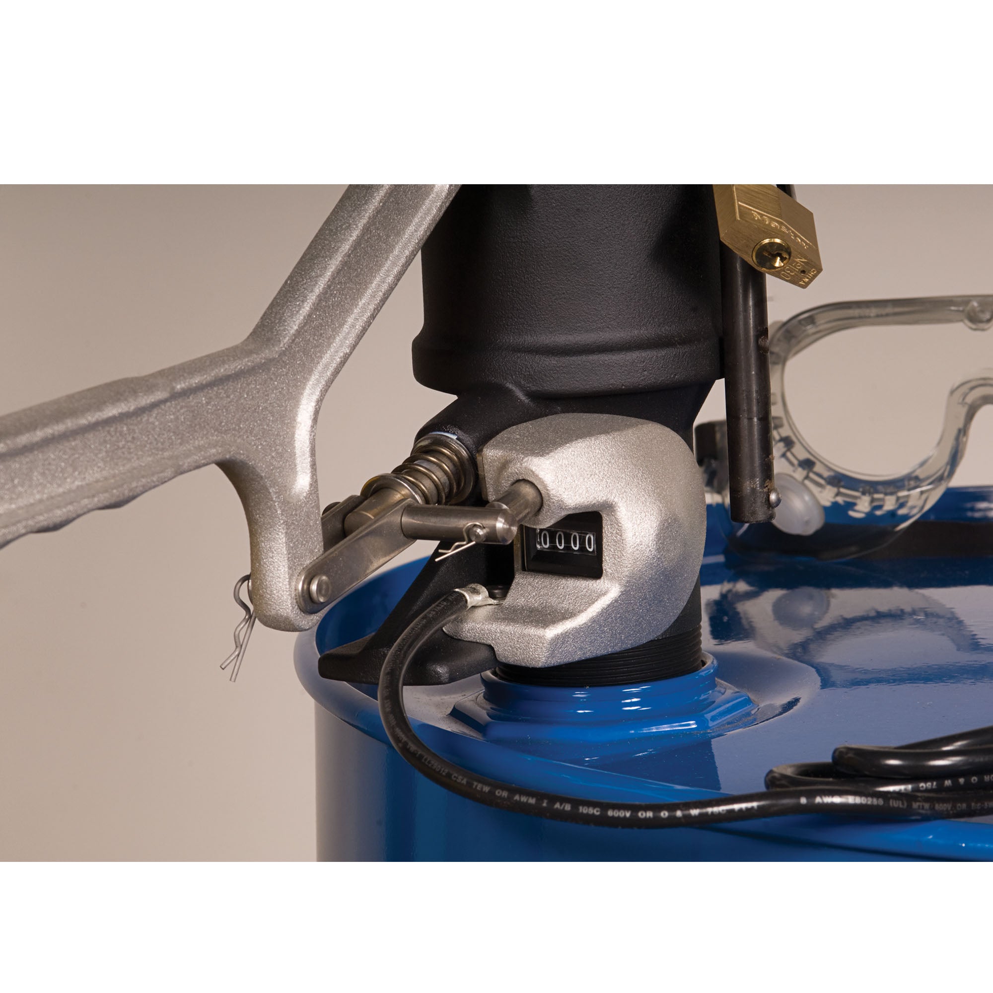 Justrite Aerosolv® Super System with Counter for Recycling Aerosol Cans, Padlock/Key, Filter, Wire, and Goggles