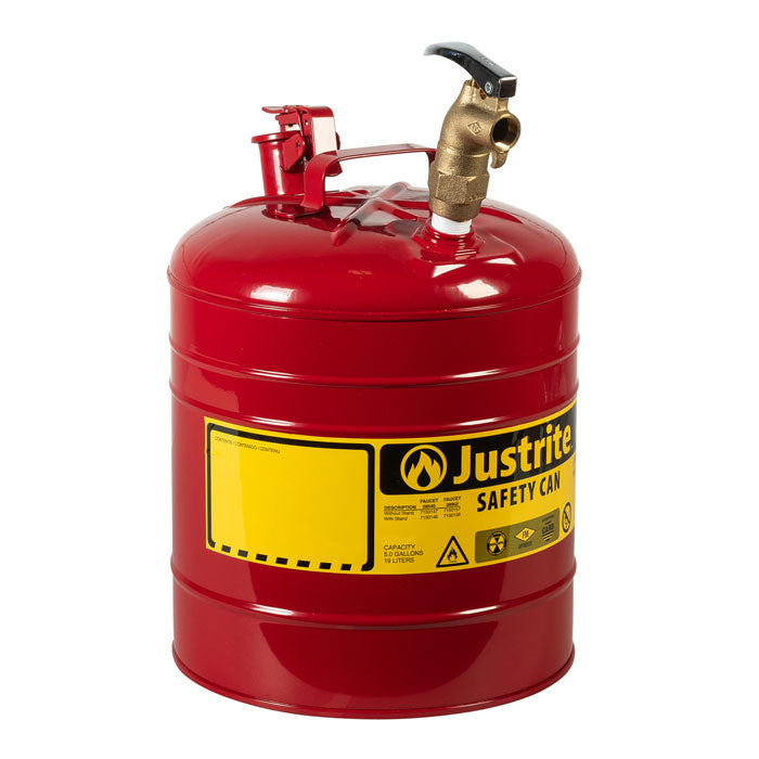 Justrite Type I Steel Dispensing Safety Can, 5 Gallon, Top Brass Faucet