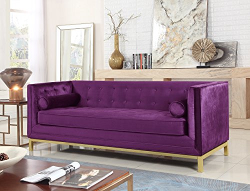 Iconic Home Dafna Club Sofa Sleek Elegant Tufted Velvet Plush Cushion Brass Finished Stainless Steel Brushed Metal Frame Couch, Modern Contemporary, Purple