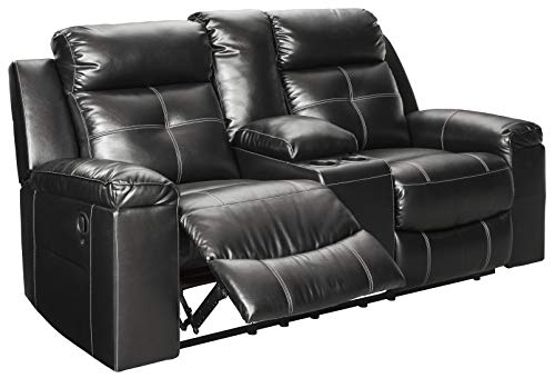 Signature Design by Ashley - Kempten Contemporary Faux Leather Double Reclining Loveseat - Console - Black
