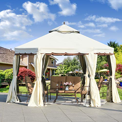 Erommy 12FT Outdoor Canopy Gazebo Hexagonal Double Roof Patio Gazebo Steel Frame Pavilion with Netting and Shade Curtains for Garden,Patio,Party Canopy-Cream