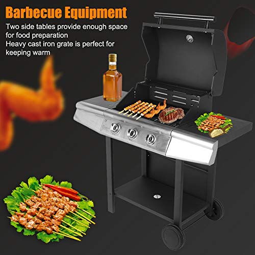 POCREATION 3-Burner Gas Grill Cabinet Liquid Propane Grill with Side Burner - Stainless Steel 36849.6 BTU 400 sq.in. Cooking Area Porcelain Grill Grate