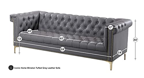 Iconic Home Winston Modern Tufted Gold Nail Head Trim Grey PU Leather Sofa with Gold Tone Metal Y-Legs