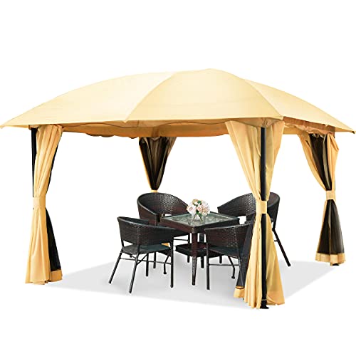 Quictent 12x12 ft Gazebo with Mosquito Netting and Sidewalls Soft top Screened Metal Gazebo Canopy Heavy Duty and Waterproof for Patios,Deck and Backyard (Tan)