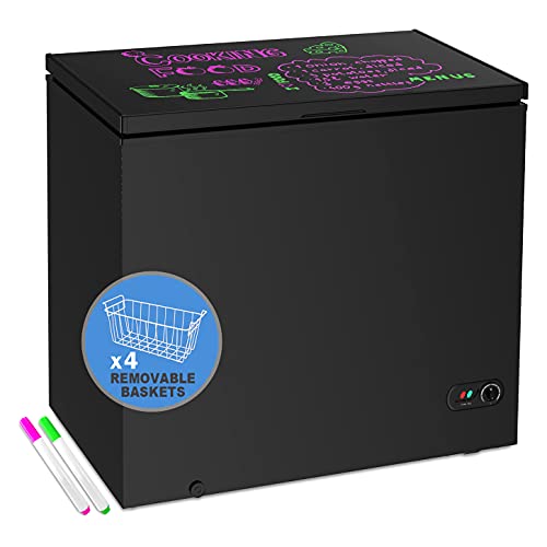 Chest Freezer 7 Cu Ft, ELAKSE Deep Freezer with 4 Removable Basket, Dry Erase Board & 7 Temperature Levels, From -4℉ to 6.8℉, Free-Standing Quiet Compact Freezers for Home, Restaurant, Black