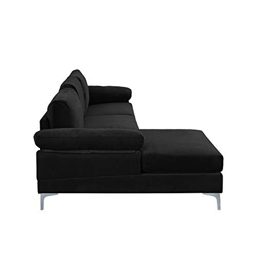 Casa Andrea Milano LLC Modern Large Velvet Fabric Sectional Sofa L Shape Couch with Extra Wide Chaise Lounge, Black