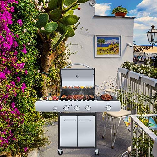 R.W.FLAME 34000 BTU Liquid Propane Grill with 3-Burner,Temperature Display, Bottle Opener, Side Burner, Cart Grills, Stainless Steel Gas BBQ Wagon