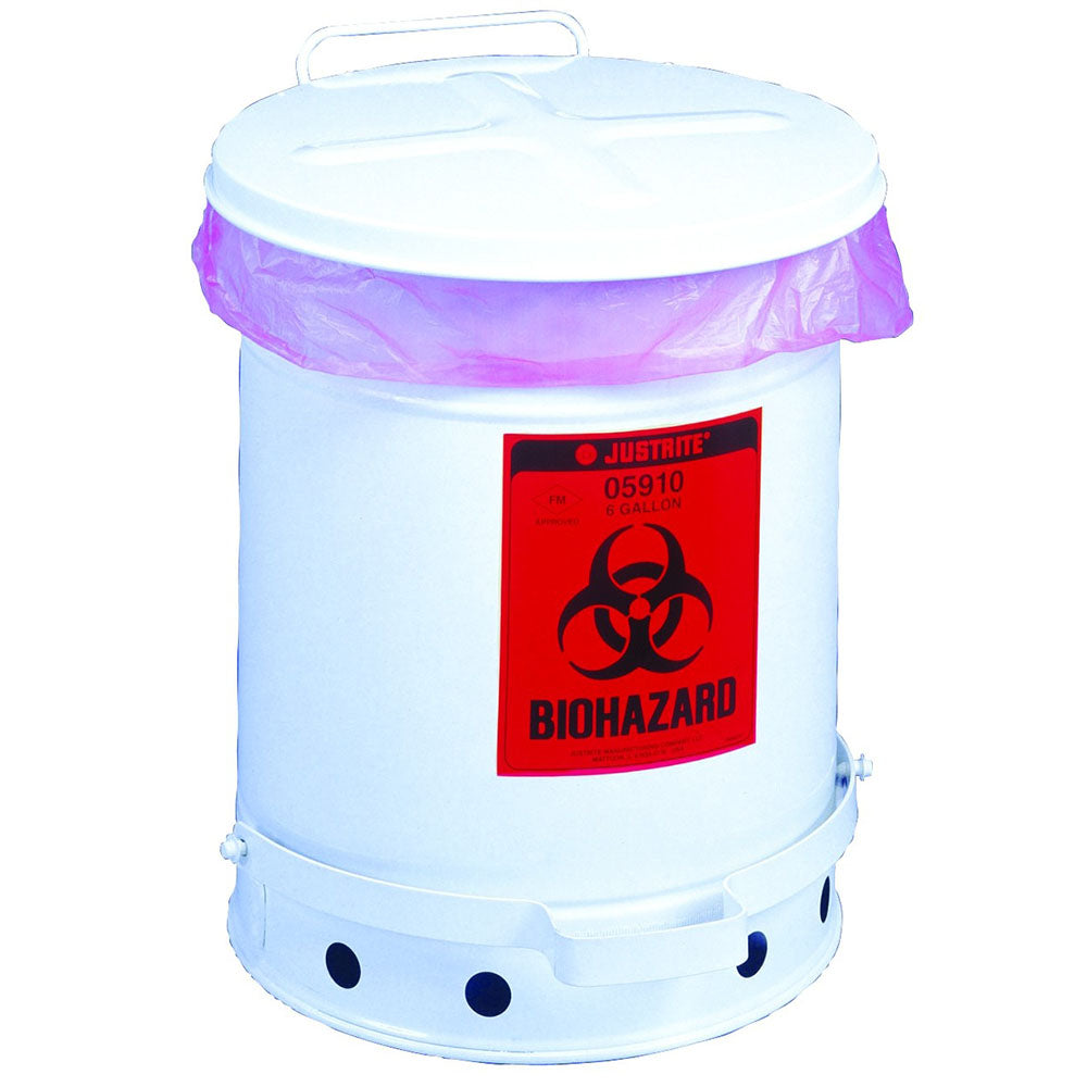 Justrite Biohazard Waste Can, 10 Gallon, Foot-Operated Self-Closing SoundGard™ Cover