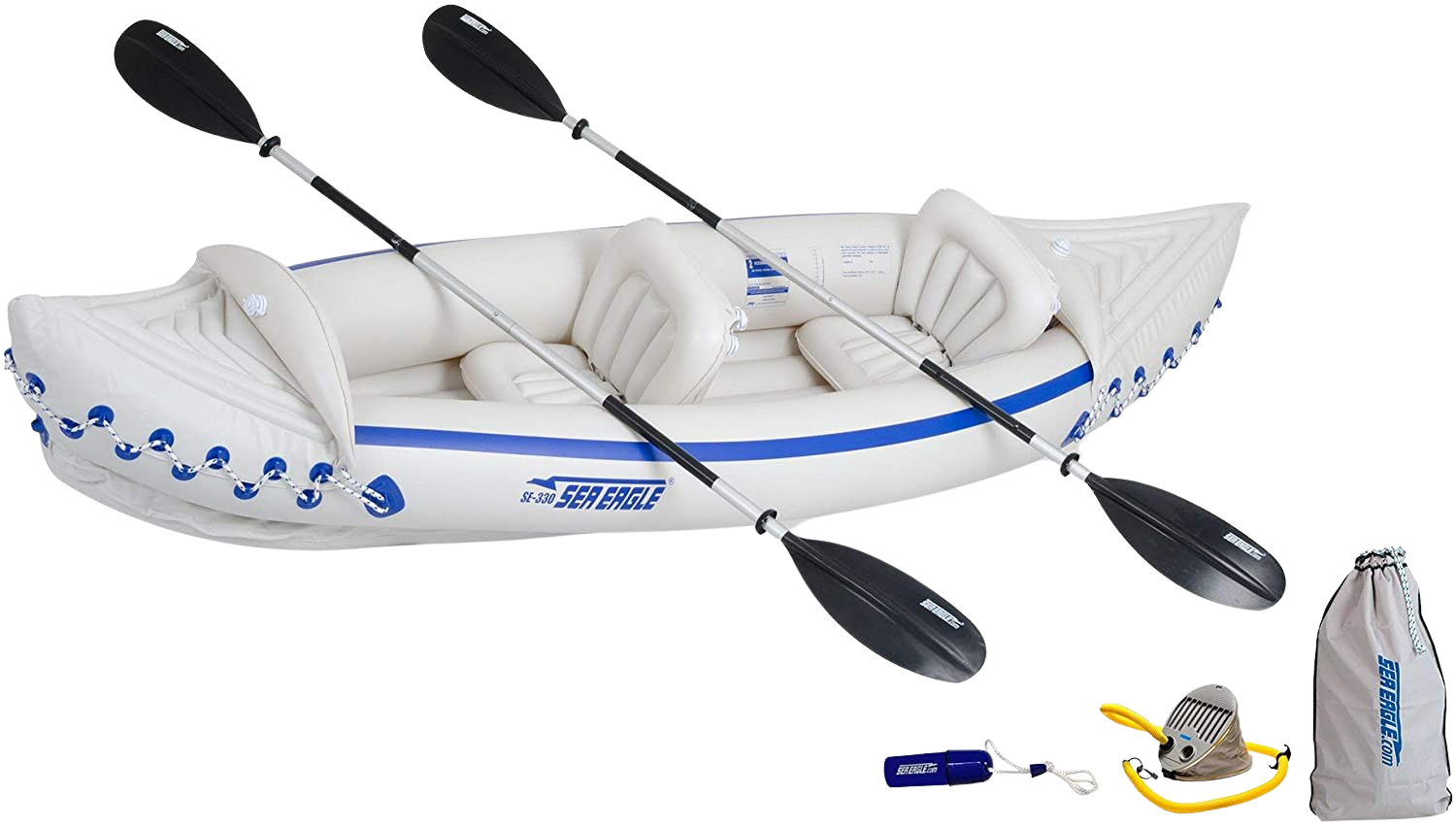 Sea Eagle 330 Inflatable Portable Sport Kayak Canoe 2 Person Deluxe Package With Paddles White Blue New