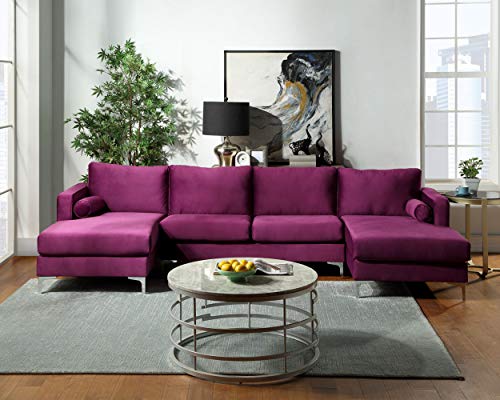 GAOFEIYANG Modern Upholstered Convertible Sectional Sofa Set with Two Pillows,U-Shape Sofá Velvet Couch with Double Extra Wide Chaise Lounge for Home Living Room Furniture, Purple