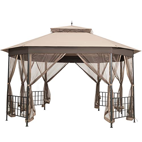 Tangkula 10 x 12 Ft Patio Gazebo, Heavy Duty Octagonal Gazebo Canopy w/Netting Sidewalls & Sturdy Steel Frame, Double Roof Vented Gazebo Canopy Shelter for Backyard Event Party BBQ (Brown)