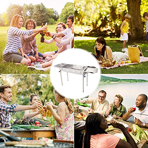 Barbecue Grill Portable Stainless Steel Charcoal Grill Height Adjustable Premium BBQ Grill for Outdoor Camping Travel Park Beach, Silver