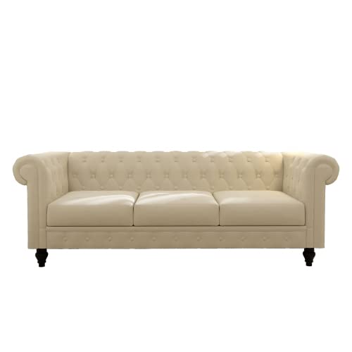Modern Upholstered Tufted Button Loveseat Sofa with Rolled Arm, Velvet 3seat Classic Sofas, Large Living Room Furniture, for Compact Living Space, Apartment, Dorm, 88.19in W, Beige