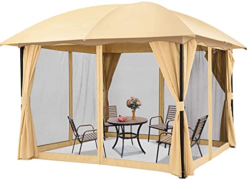 Quictent Outdoor Metal Gazebo, 12 x 12 feet Soft Top Heavy Duty Canopy Gazebo with Mosquito Netting and Shade Curtains, Waterproof Gazebo Canopy for Patio or Backyard (Tan)