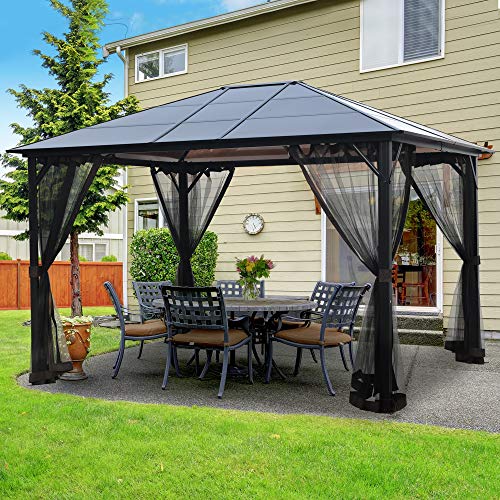 AsterOutdoor 10x12 Outdoor Hardtop Gazebo for Patios Metal Aluminum Frame Polycarbonate Top Canopy with Mosquito Netting for Lawn, Backyard and Deck 99% UV Rays Block, Black