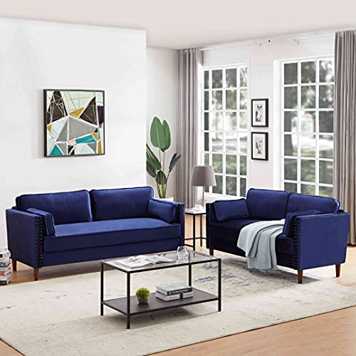 Cotoala 2 Piece Living Room Sectional Sofa Sets, Modern Upholstered Couch Furniture, One Three-Seat Chair & Loveseat, 2+3, Blue