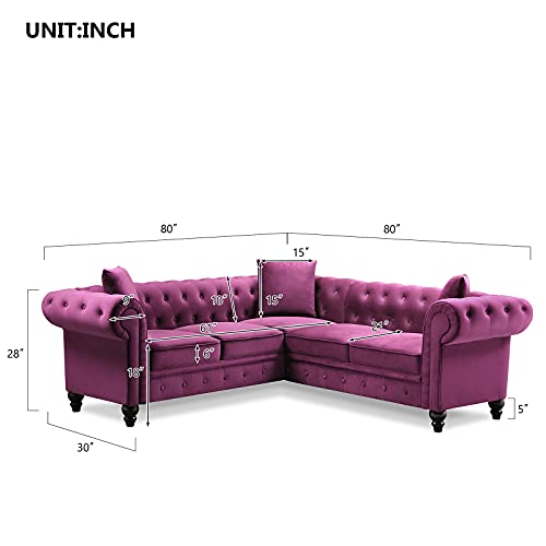 NOSGA Tufted Velvet Upholstered Rolled Arm Classic Chesterfield Sectional Sofa, 5 Seater Couches with 3 Pillows for Living Room (Purple)