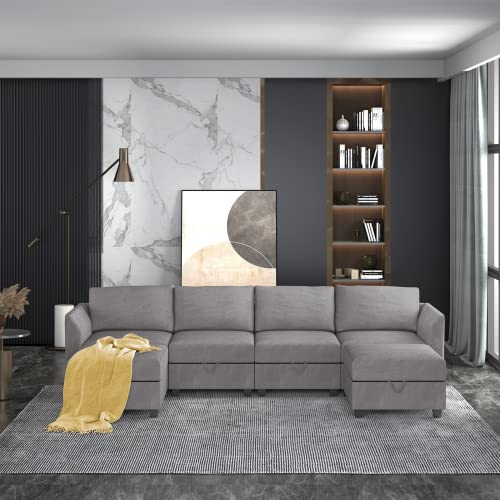 Muzz Convertible Sectional Couch with Storage Space, Modular Sectional Sofa with Ottomans, U/L Shaped Sectional Couches, Convertible Sofa Set for Living Room (Light Grey)