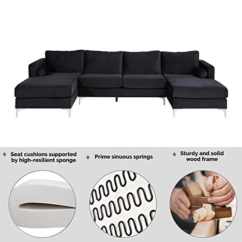 Harper&Bright Designs Sectional Sofa Set, Living Room Furniture Sofa Set, Modern Elegant Velvet Upholstered Couch with 2 Pillows (Black)