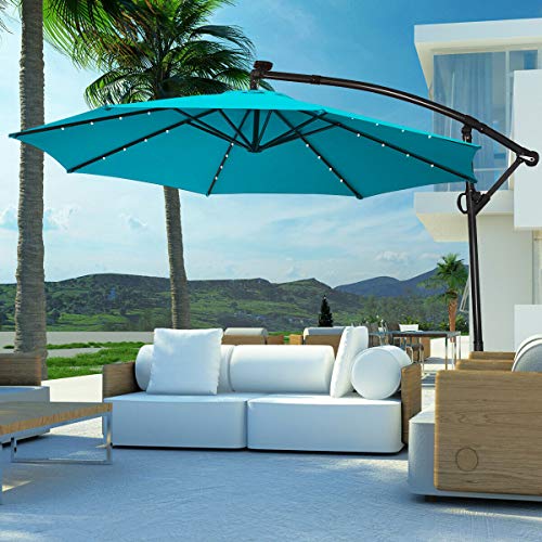 10FT Home Patio Offset Umbrella w/Solar Powered LED 360° Rotation Aluminum Turquoise