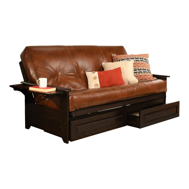 Espresso Storage Futon and Brown Faux Leather Mattress