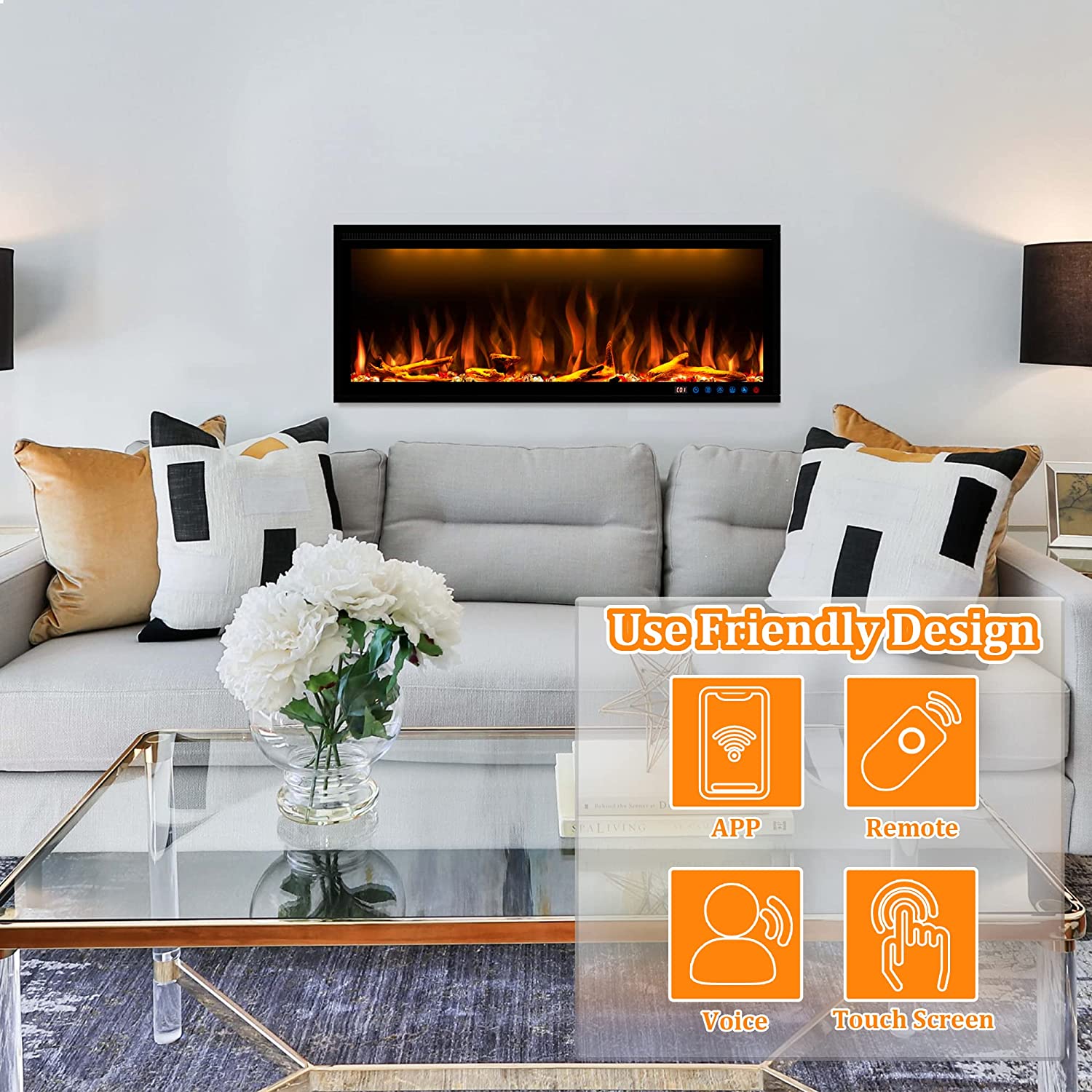 Benrocks BI50Z 50 in. 750/1500W Recessed and Wall Mounted Log and Crystals Fireplace with Remote and App Control Black New