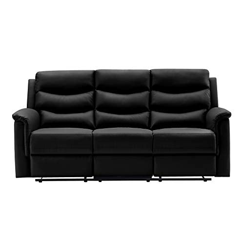 Pannow Double Recliner Loveseat with Console Slate, Double Reclining Sofa with Cup Holder, 3-Seater with Flipped Middle BACKREST Black PU, Theater Seating Furniture Sofa Bed, Black PU