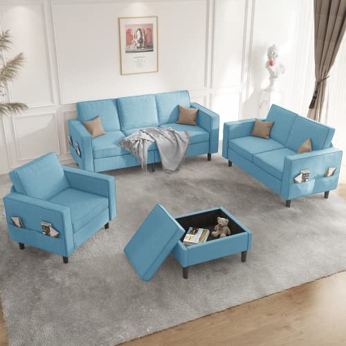 Mjkone Convertible Sectional Sofa Couch with Storage Ottoman, 4 Pcs Couch Set with Storage Pockets, Sectional Couches for Living Room, 3-Seater +Ottoman +1-Loveseat +1-Seater(Light Blue)