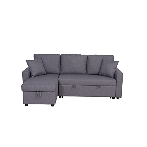 Kingway Furniture Hemus Linen Blend Reversible Sectional Sleeper Sofa with Pillows in Gray