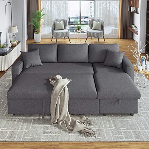 MOEO Comfortable Upholstery Sleeper Sectional Sofa with Storage Space, 2 Tossing Cushions and Pillows for Living Room, Loveseat w/Chaise Longue, Home Furniture, Right Hand Facing, Gray