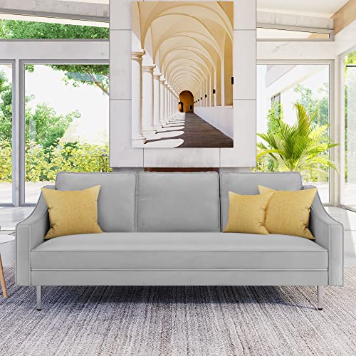 Lazyspace Sofa Couch 3 Seater Velvet Fabric Sofa w/Thick Cushion and Deep Seat Mid-Century Modern Upholstered Accent Arm Sofa Loveseat for Living Room, Bedroom, Office, Apartment, Small Space,Gray
