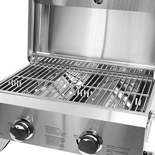 Barton Two-Burner Propane Tabletop Gas Grill Stainless Steel BBQ with Foldable Leg, 20000 BTU, Stainless Steel