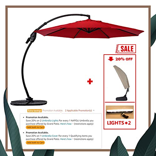 Grand patio Napoli 11 FT Curvy Aluminum Offset Umbrella, Patio Cantilever Umbrella with 360° Rotation, Red