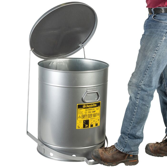 Justrite 21 Gallon, Oily Waste Can, Hands-Free, Self-Closing Cover, SoundGard™, Silver
