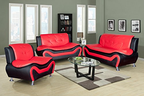 Lifestyle Furniture 3 Pieces Modern Sofa Set with Sofa and Loveseat and Chair, Black + Red, Faux Leather