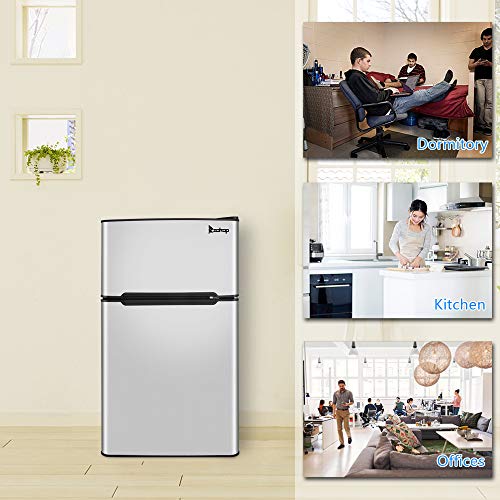 Mini Fridge Upright Freezer, 90L/3.2CU.FT Compact Refrigerator with freezer, 2 Door Mini Fridge with freezer, Upright for Dorm, Bedroom, Office, Apartment- Food Storage or Drink Beer