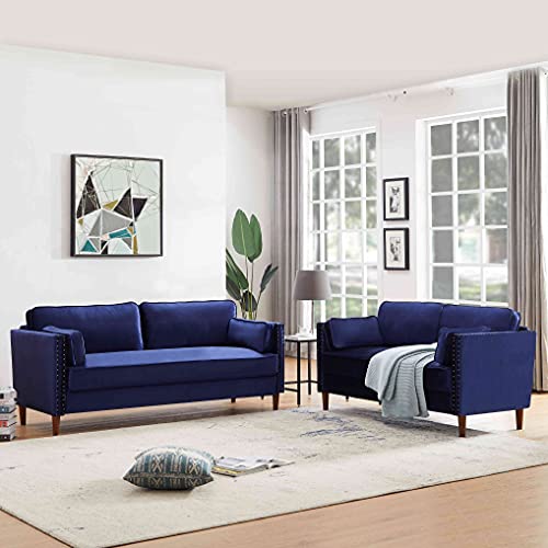 Cotoala 2 Piece Living Room Sectional Sofa Sets, Modern Upholstered Couch Furniture, One Three-Seat Chair & Loveseat, 2+3, Blue