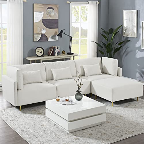 108'' Convertible Sectional Sofa L Shape Couch with Removeable Ottoman and 3 Pillows, Modern Linen Modular Sectional Sofa for Living Room, Beige