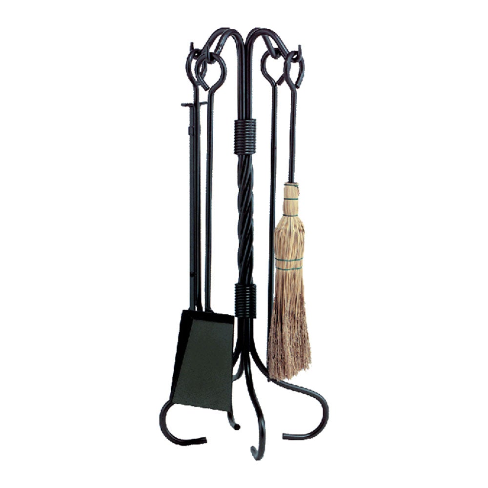 Dagan 5-Piece Wrought Iron Fireplace Tool Set - Corn Broom & Twist Stand