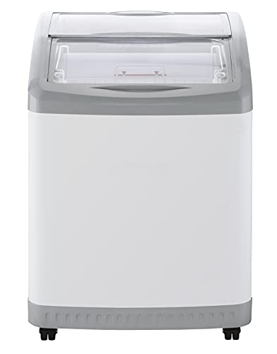 DUURA DDFC6 Commercial Mobile Ice Cream Display Chest Freezer Sub Zero Temp Curved Glass Top Frost Free Lid with 2 Wire Baskets, 24.6 Inch Wide 5.7 Cubic Feet, White