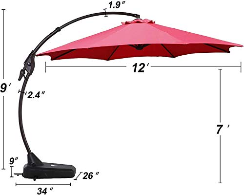 Grand Patio Deluxe NAPOLI 12 FT Curvy Aluminum Offset Umbrella, Patio Cantilever Umbrella with Base, Red