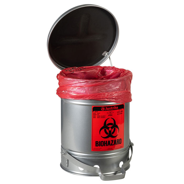 Justrite Biohazard Waste Can, 6 Gallon, Foot-Operated Self-Closing SoundGard™ Cover