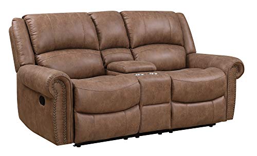 Madrona Burke Nova Brown Console Loveseat with Dual Recliners, Center Storage, and Cupholders